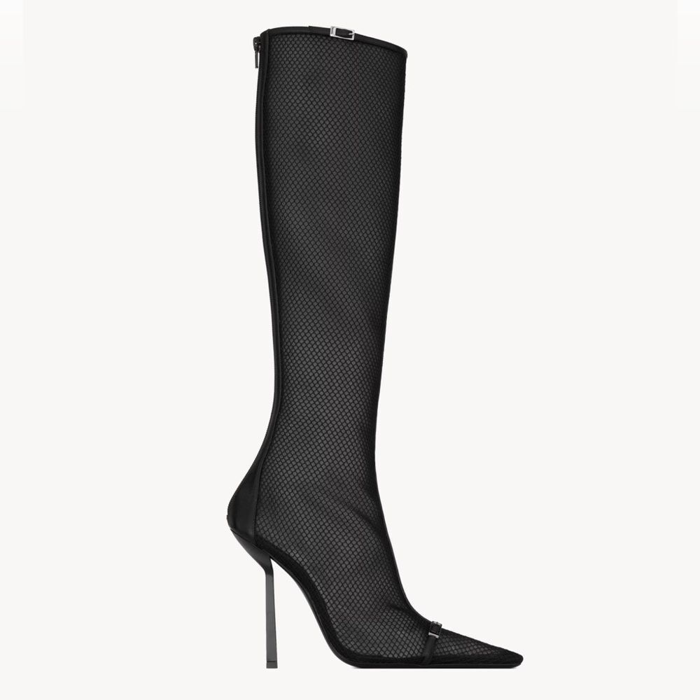 Saint Laurent Black Mesh Knee-High Stiletto Boots